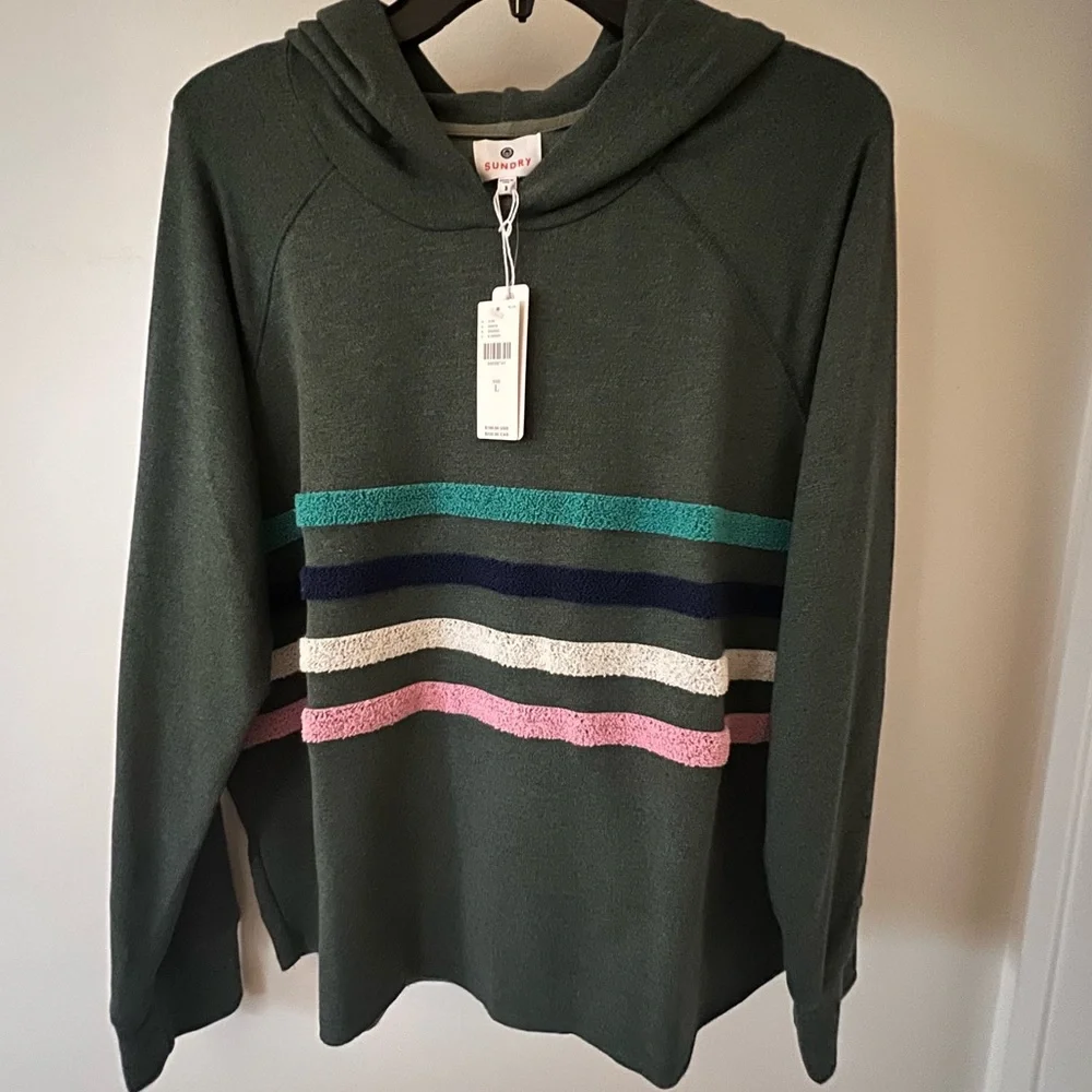 🛍️Sundry Galen Green Chenille Stripe Hoodie L $198 made in USA ANTHROPOLOGIE - Picture 5 of 6
